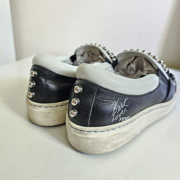 Fendi Black/White Leather Studded Karl Lover Slip On Sneakers. Size 35 - Picture 7 of 16